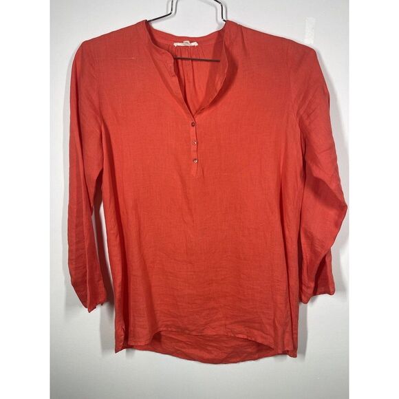 Eileen Fisher Organic Linen Bright Coral  Lagenlook 6 Button Henley Tunic Top XS - Picture 1 of 9